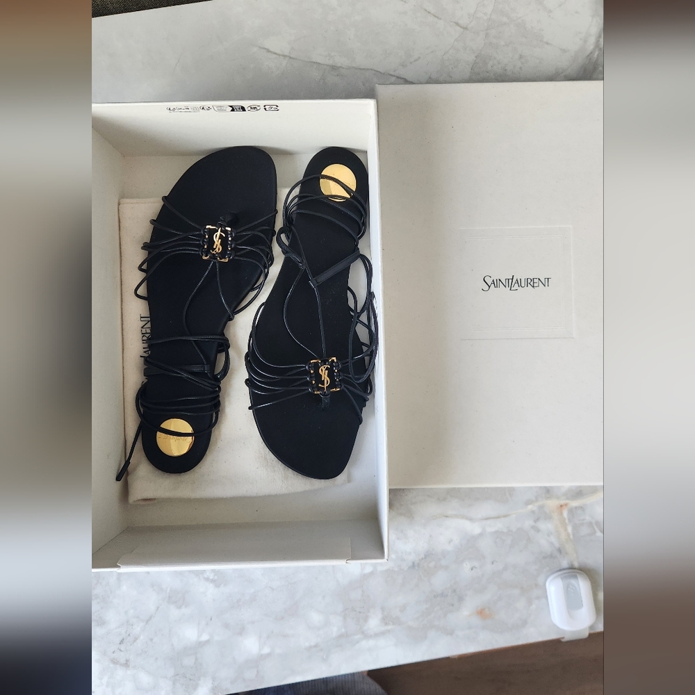 Saint Laurent Black and Gold Strappy Sandals
